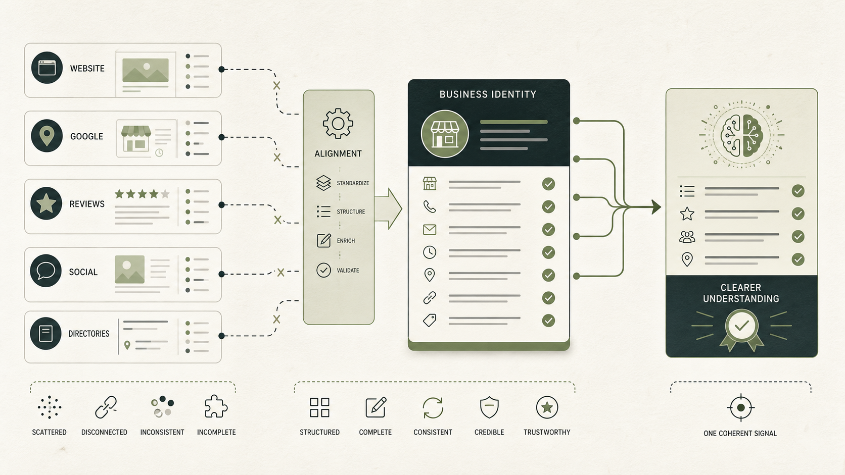 Illustration showing website, Google, reviews, social and directory signals moving through an alignment process into a clear business identity and clearer understanding.